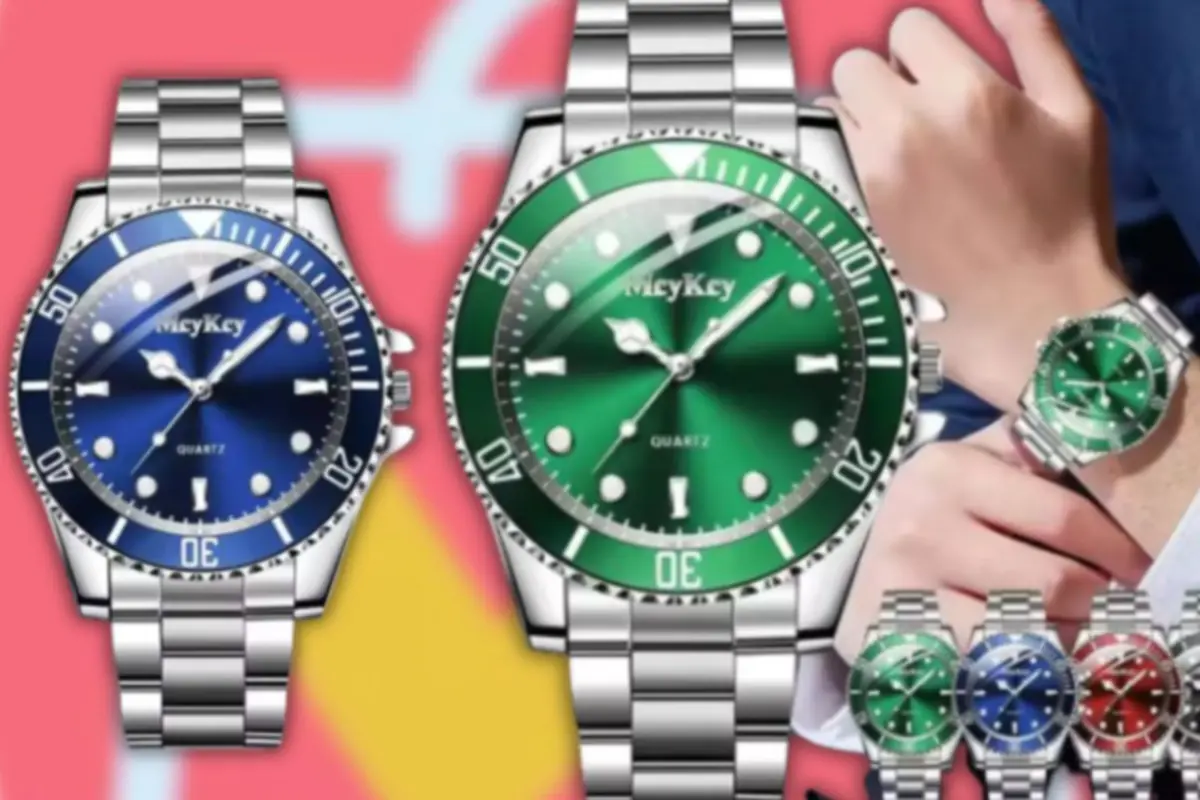 Relojes de pulsera de acero con esferas de colores azul verde y rojo mostrados en primer plano y en la muñeca de una persona sobre un fondo rosa llamativo