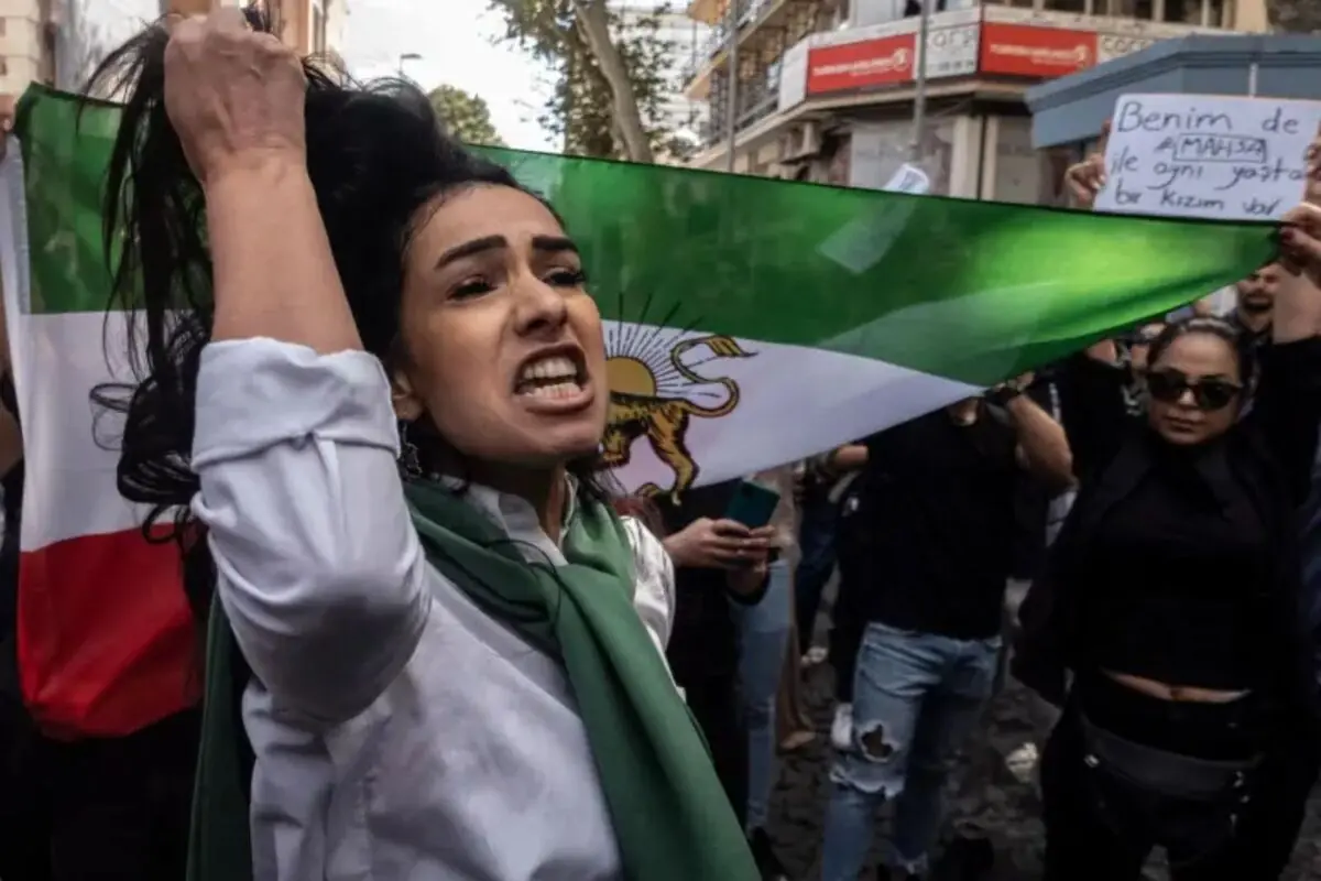 Dona cridant i aixecant el puny mentre sosté una bandera verda, blanca i vermella amb un lleó daurat en una manifestació al carrer envoltada d’altres persones que protesten Dona cridant i aixecant el puny mentre sosté una bandera verda, blanca i vermella amb un lleó daurat en una manifestació al carrer envoltada d’altres persones que protesten