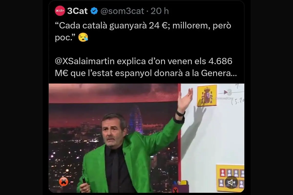 Tuit de 3Cat en catalán sobre que cada catalán ganará 24 euros acompañado de la imagen de un presentador con americana verde explicando en una pizarra un esquema sobre el dinero que el Estado español dará a la Generalitat