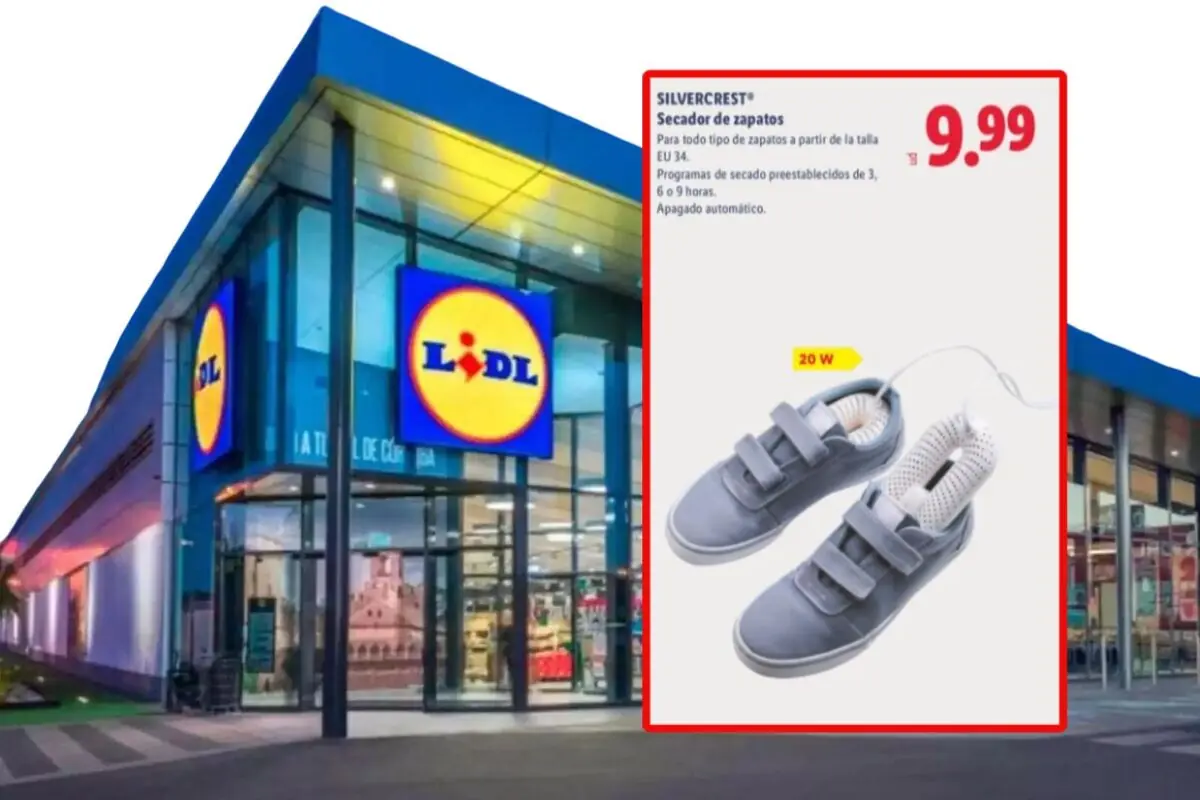 Lidl supermarket facade with an advertising sign for a Silvercrest shoe dryer for 9.99 euros, showing gray sneakers connected to the device