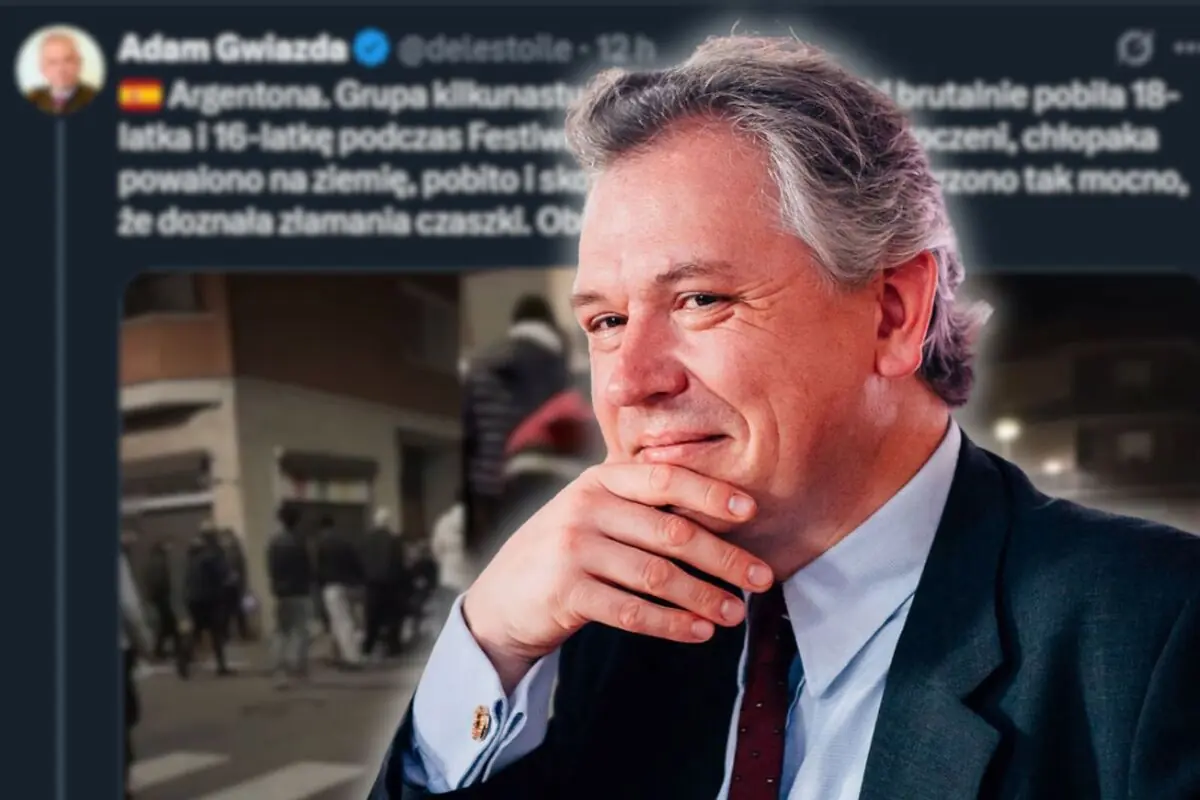 Hombre de mediana edad con traje y corbata sonriendo con la mano en la barbilla sobre un fondo borroso de un tuit y una escena urbana nocturna