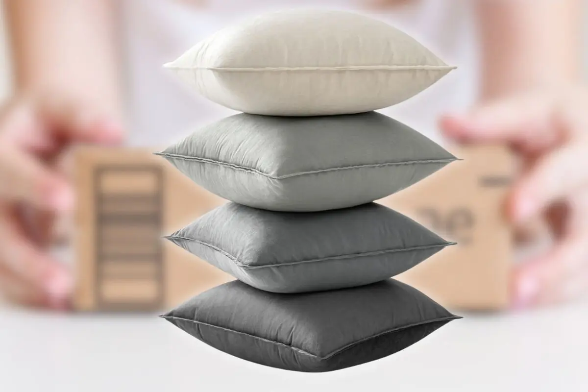 Cuatro cojines apilados en tonos gris y beige con un paquete desenfocado de fondo