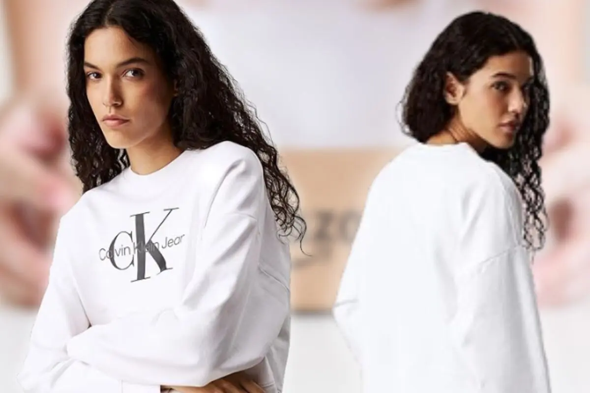 Mujer joven con sudadera blanca de Calvin Klein Jeans vista de frente y de espaldas sobre fondo desenfocado