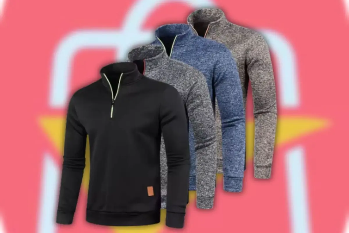 Sudaderas de hombre con cremallera corta en varios colores sobre fondo rosa con icono de tienda