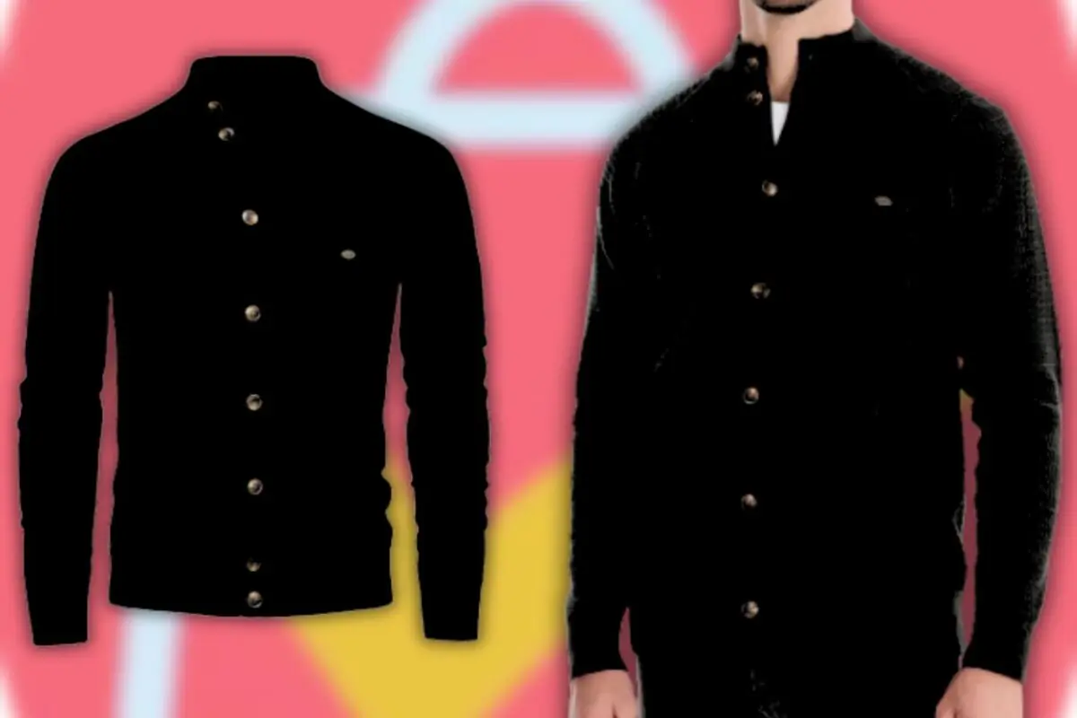 Suéter negro de hombre con botones frontales visto de frente y sobre fondo rosa con formas geométricas amarillas y blancas