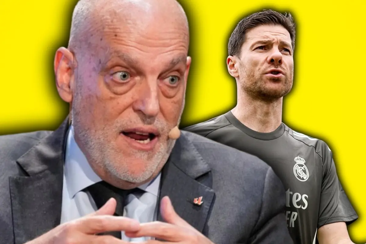 Dos hombres superpuestos sobre fondo amarillo uno mayor calvo con traje y micrófono de solapa en primer plano y otro más joven con camiseta deportiva gris del Real Madrid en segundo plano