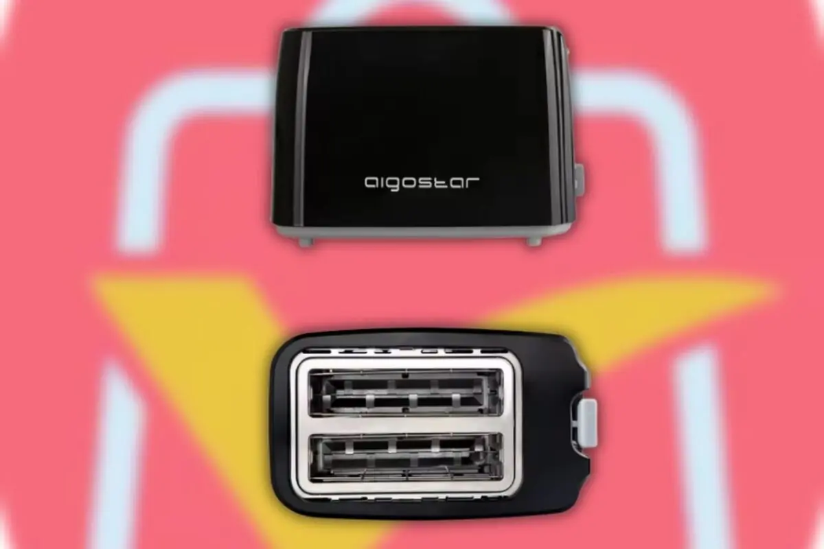 Tostadora eléctrica negra de dos ranuras marca Aigostar sobre fondo rosa con formas amarillas y blancas