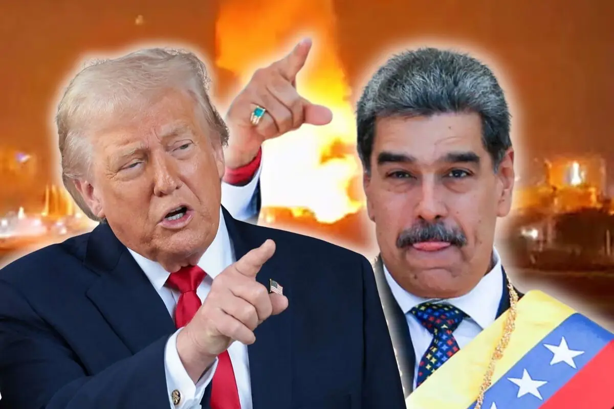 Dos líders polítics enfrontats en primer pla amb un fons d’explosió i tensió internacional