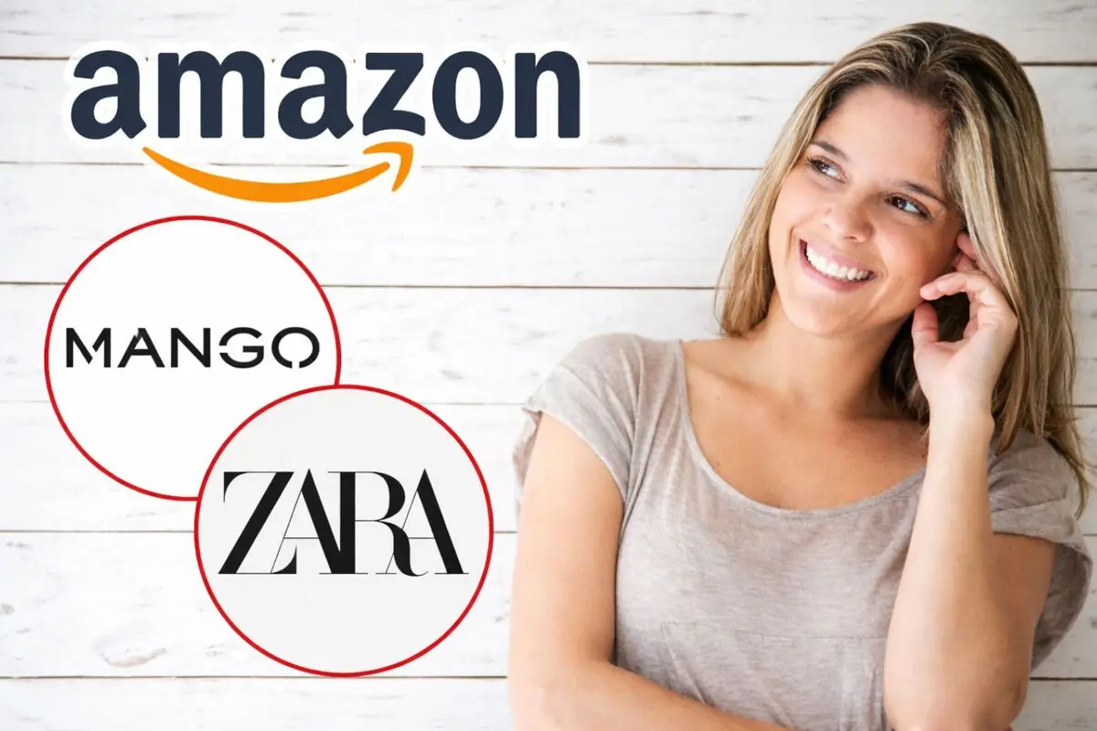 Mujer joven sonriendo junto a los logotipos de Amazon Mango y Zara sobre fondo de madera