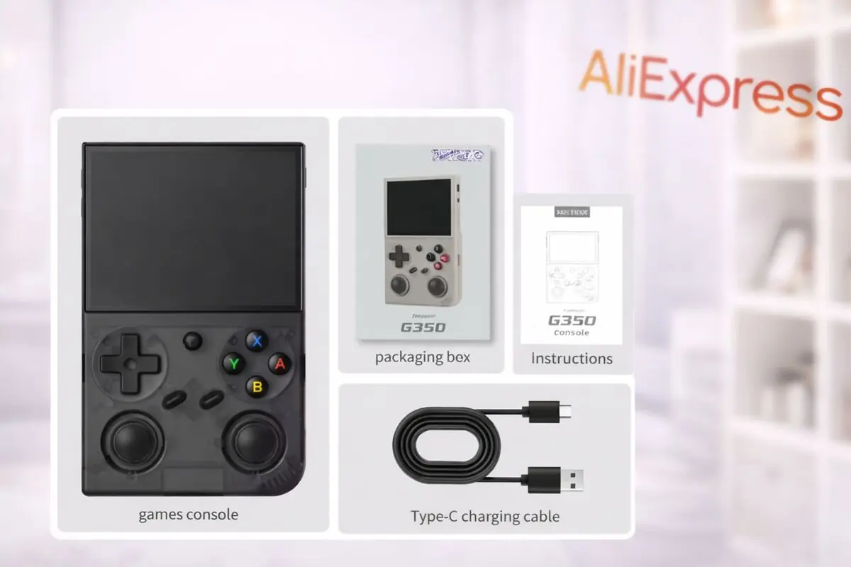 Consola portátil G350 negra con botones tipo mando, junto a caja de embalaje, manual de instrucciones y cable de carga USB tipo C sobre fondo con logotipo de AliExpress Consola portátil G350 negra con botones tipo mando, junto a caja de embalaje, manual de instrucciones y cable de carga USB tipo C sobre fondo con logotipo de AliExpress