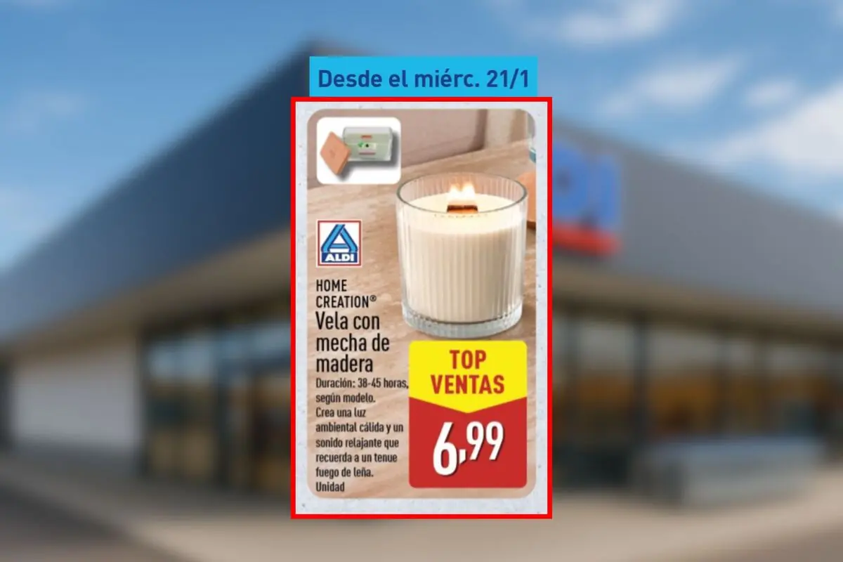 Folleto de Aldi en el que aparece una vela con mecha de madera Home Creation destacada como top ventas con precio de 6,99 euros disponible desde el miércoles, 21 de enero.