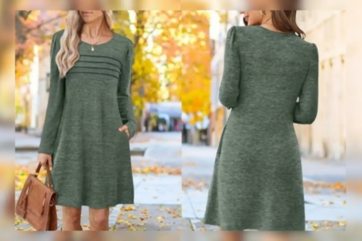 Mujer con vestido de punto gris de manga larga y corte evasé mostrado de frente y de espaldas en una calle otoñal con hojas en el suelo