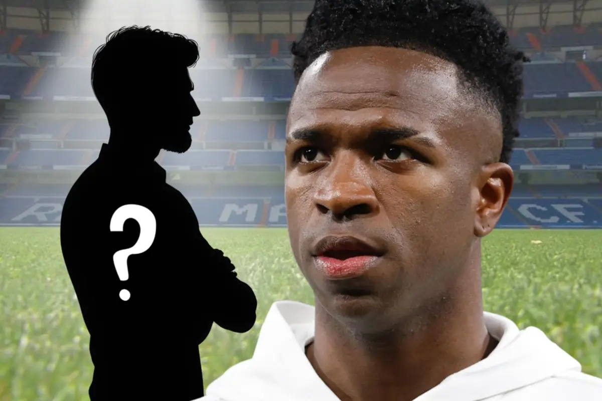 Soccer player in the foreground in a stadium next to the silhouette of a mysterious person with a question mark