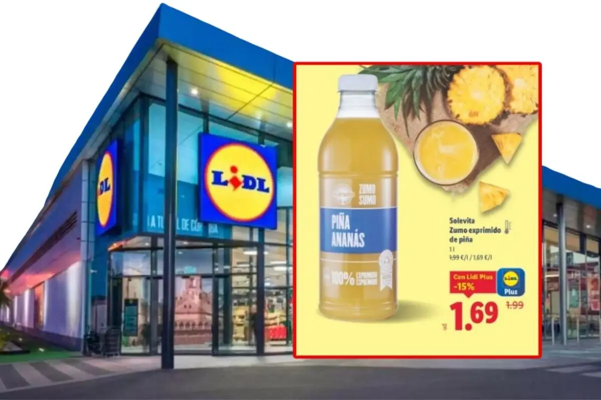 Fachada de supermercado Lidl con cartel publicitario de zumo de piña Solevita en oferta a 1,69 euros