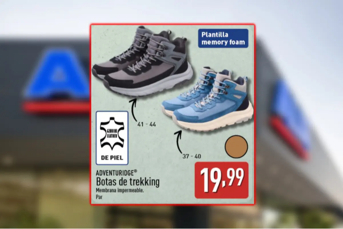 Oferta de botas de trekking Adventuridge de piel impermeable con plantilla memory foam en colores gris y azul tallas 37 a 44 por 19,99 euros