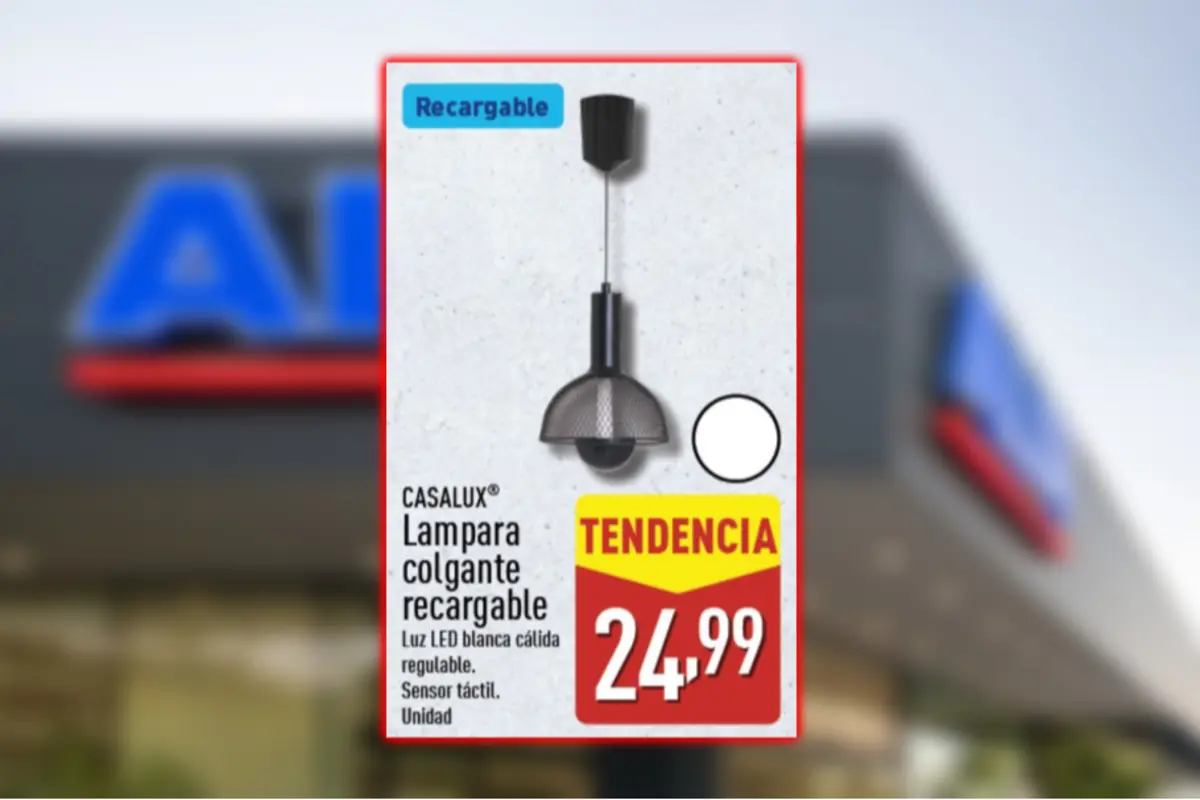 Oferta de lámpara colgante recargable Casalux con luz LED blanca cálida regulable y sensor táctil destacada como tendencia a 24,99 euros frente a una tienda desenfocada