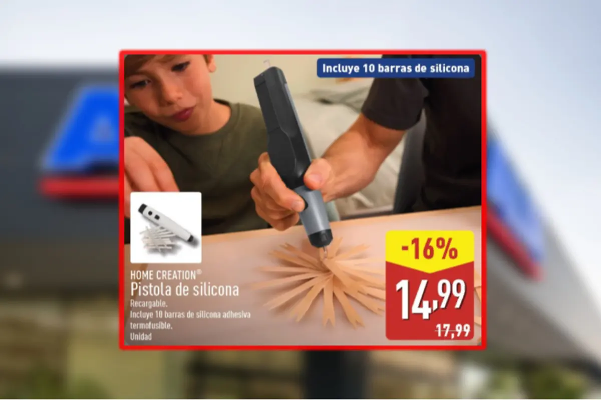 Oferta de pistola de silicona recarregable Home Creation amb 10 barres de silicona adhesiva mostrada en ús per a manualitats i preu rebaixat a 14,99 amb un descompte del 16 per cent
