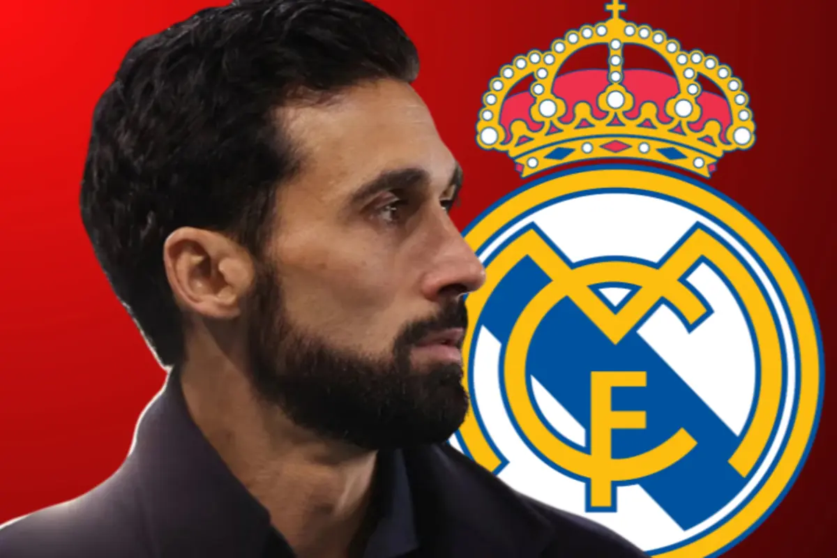 Home de perfil amb barba davant de l’escut del Reial Madrid sobre fons vermell