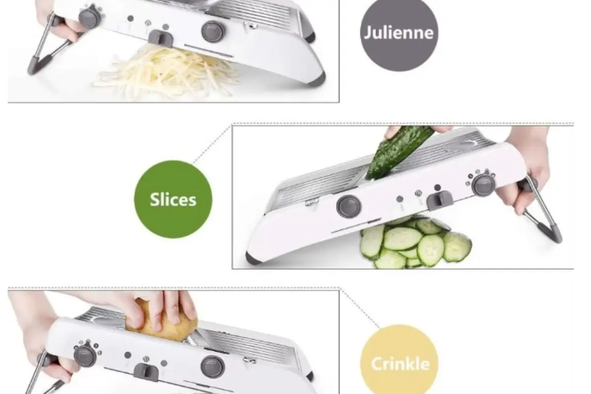Mandolina de cocina ajustable cortando verduras en tiras tipo juliana rebanadas y cortes ondulados