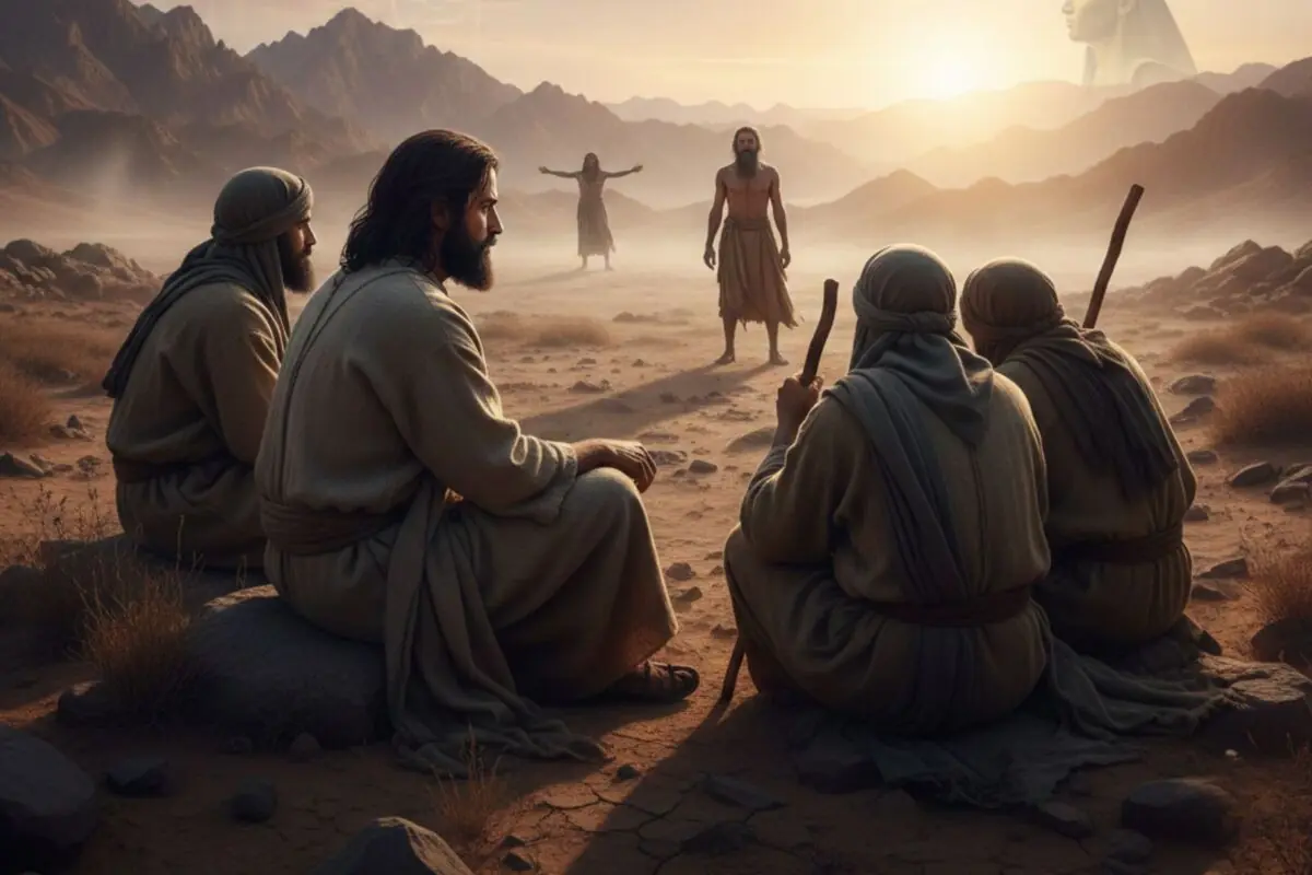 Grup d’homes amb túniques i bastons asseguts en un desert a l’alba mentre observen dues figures dretes a la llunyania entre muntanyes i sorra.