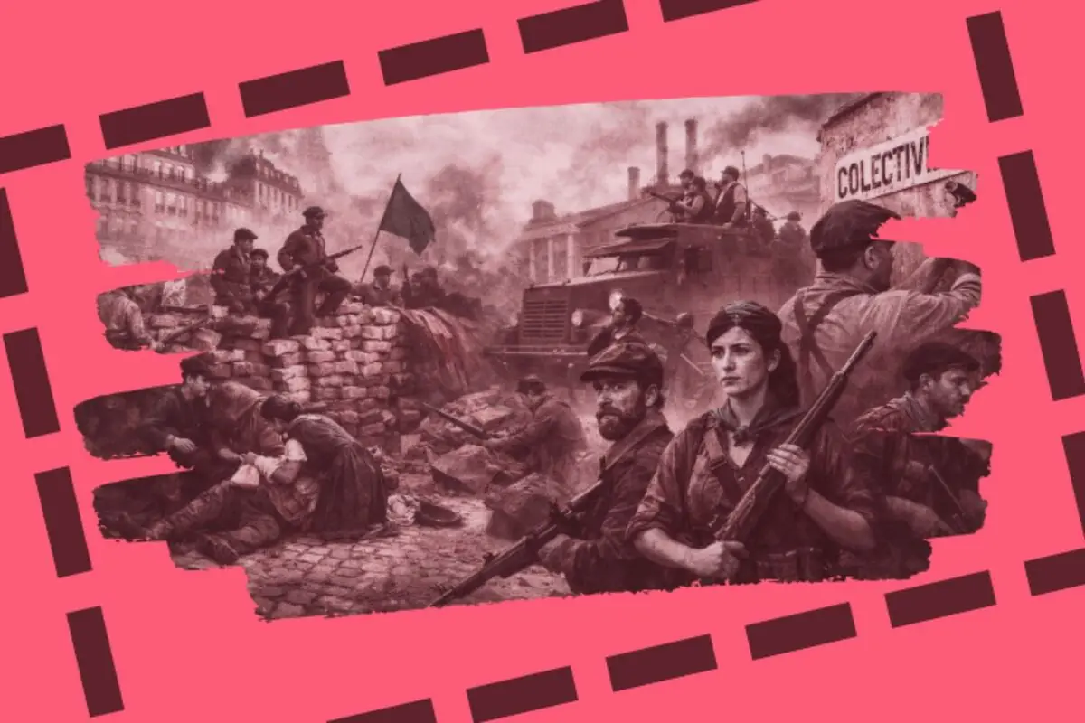 Il·lustració d’una revolta armada amb combatents rere una barricada de maons i un vehicle militar entre fum i edificis en ruïnes sobre fons rosa.