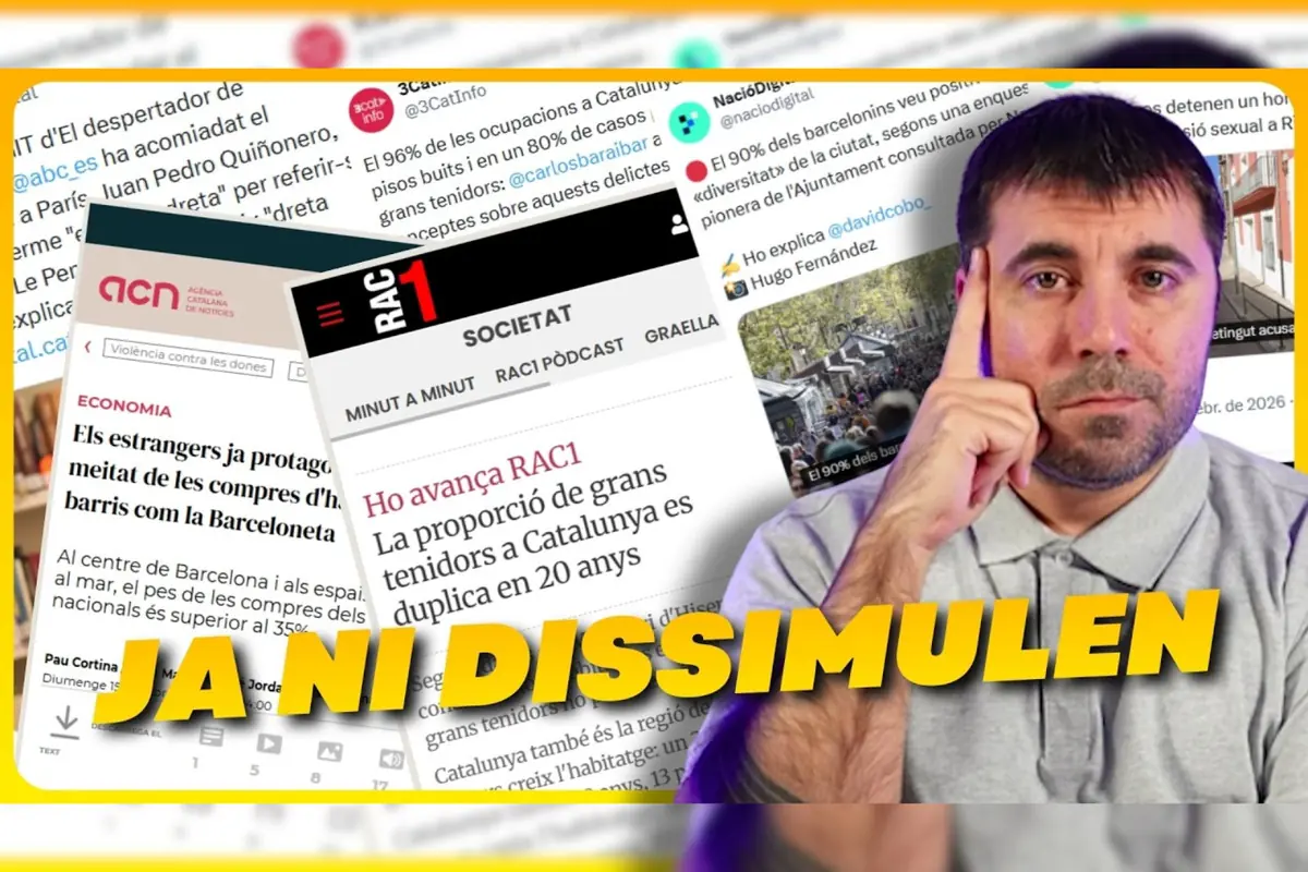 Home pensatiu amb gest de preocupació davant d’un collage de titulars de notícies en català sobre Catalunya i Barcelona amb el text gran en groc JA NI DISSIMULEN
