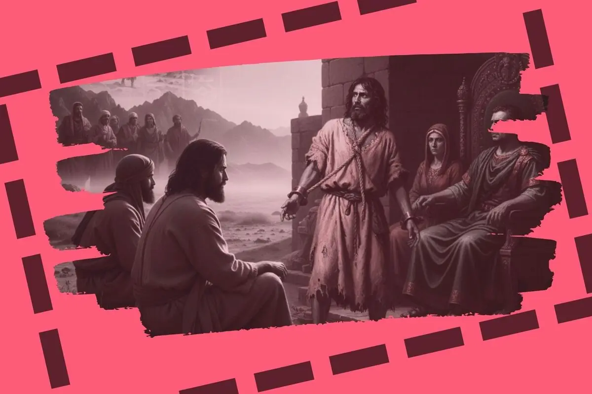 Il·lustració bíblica en tons rosats on un home encadenat es defensa davant d’un governant assegut mentre altres personatges observen en un paisatge desèrtic.