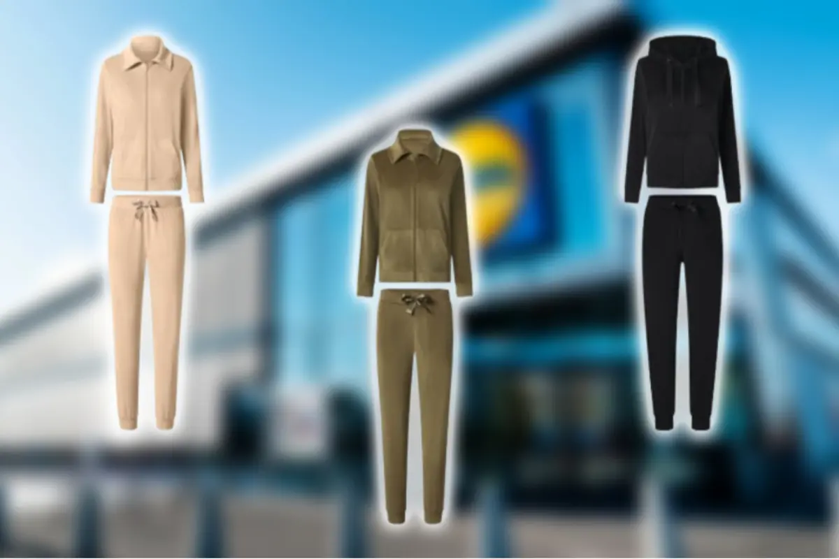 Three tracksuits in beige, olive green, and black against a blurred background of a supermarket facade