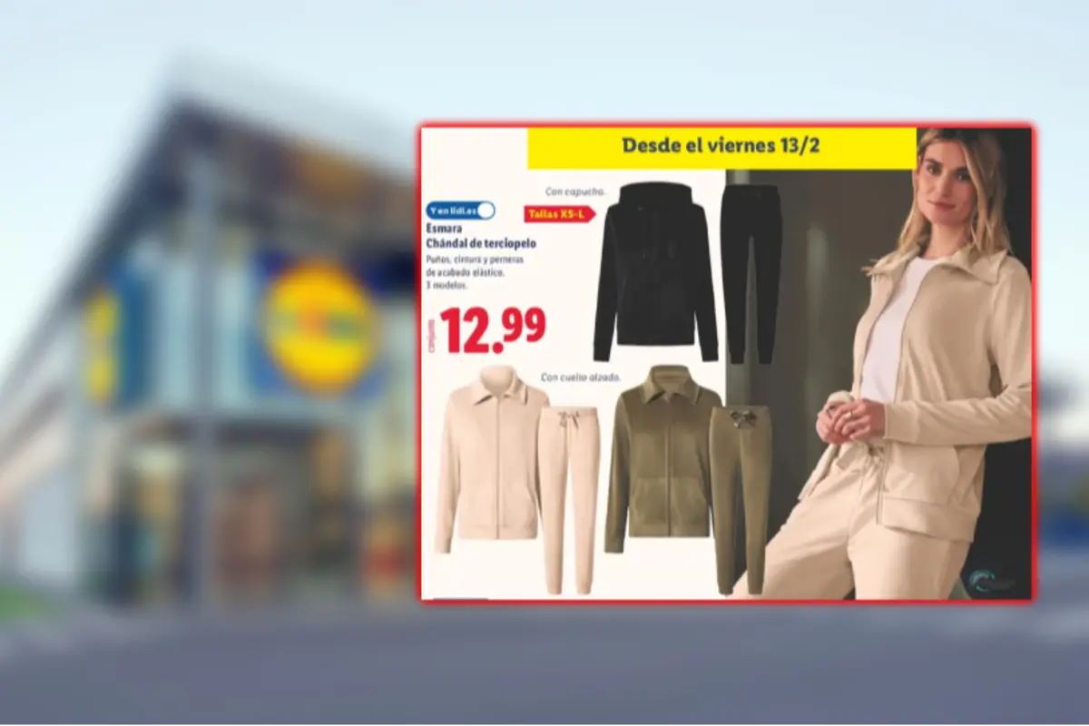 Lidl ad promoting women’s velour tracksuits in various colors, featuring a model wearing the set and a highlighted price of 12.99 euros, available starting Friday, February 13