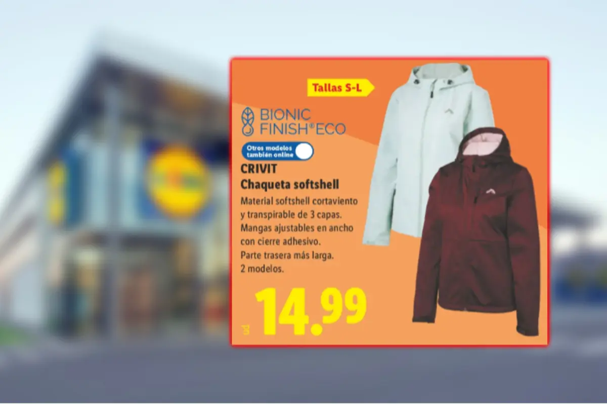 Anunci de Lidl amb dues jaquetes softshell Crivit en colors clar i bordeus, talles de la S a la L, material tallavent i transpirable de tres capes, preu 14,99 euros