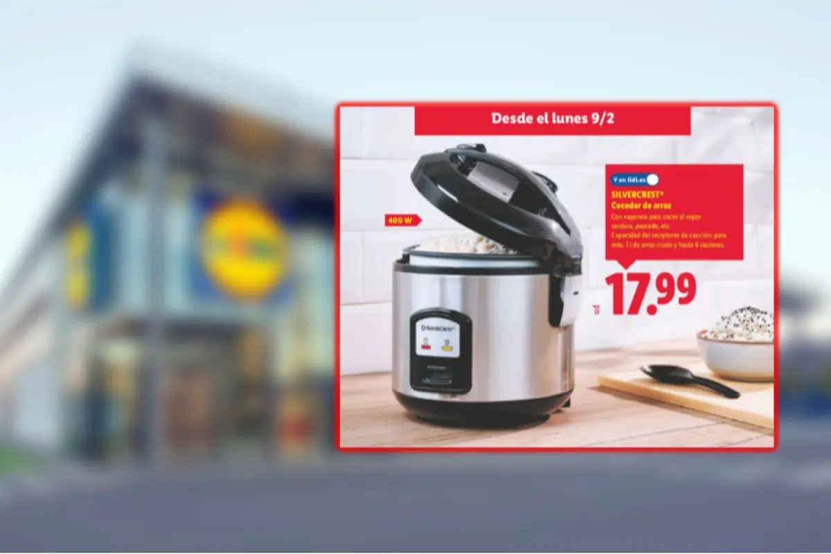 Lidl ad featuring an open stainless steel Silvercrest electric rice cooker showing cooked rice and the price €17.99 against a kitchen background