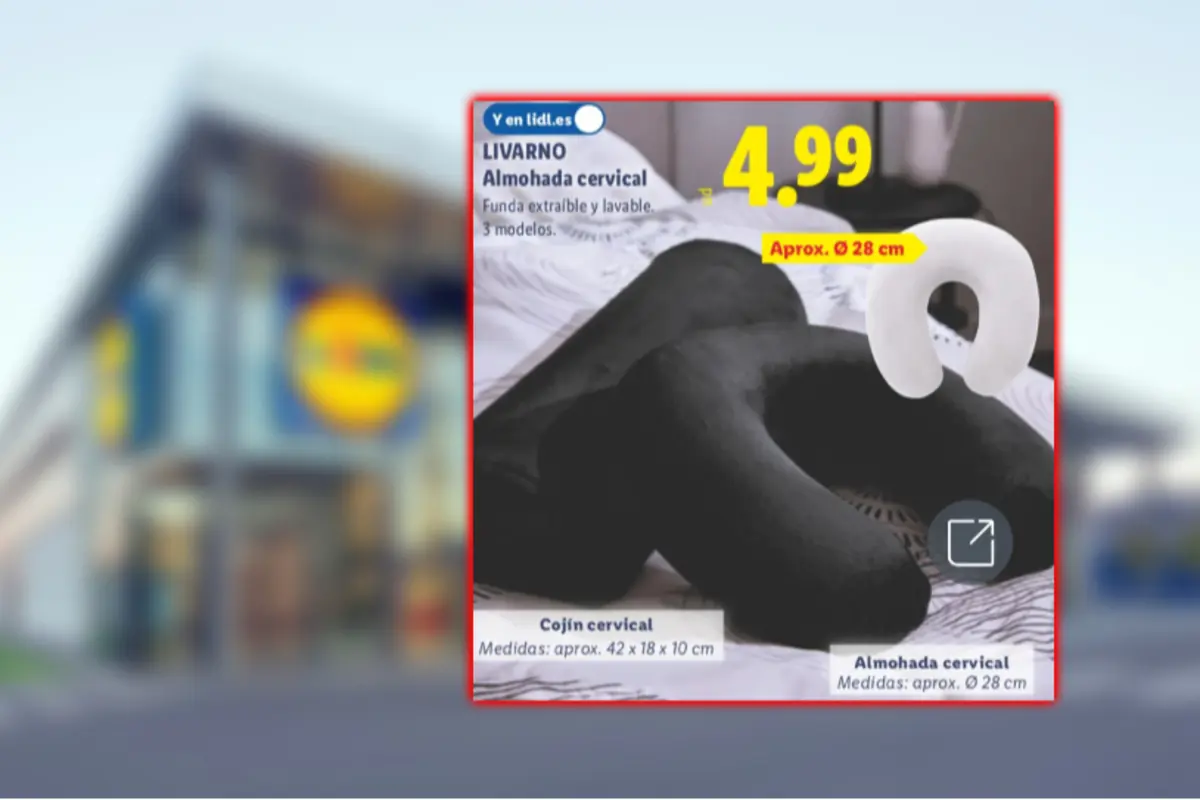 Livarno cervical pillow offer at Lidl with a black U-shaped cushion priced at 4.99 euros