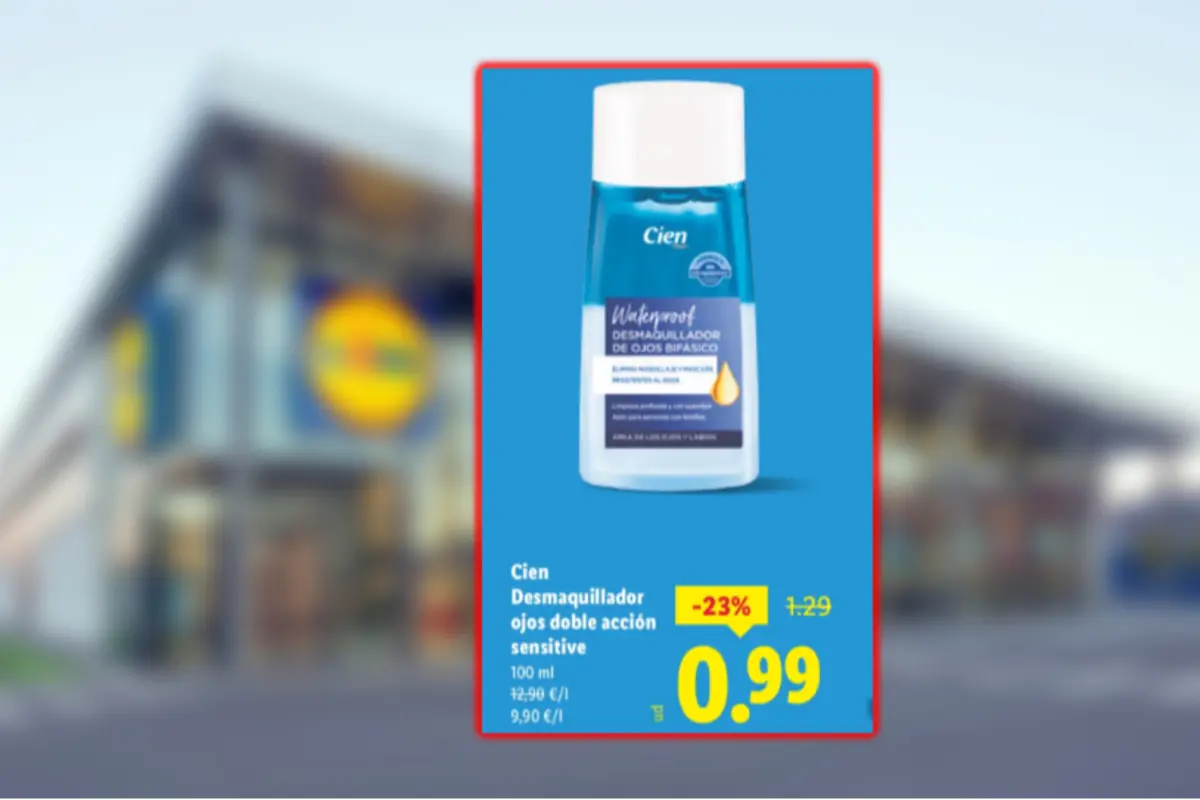 Cien biphasic eye makeup remover on sale at Lidl with a 23 percent discount and a final price of 0.99 euros