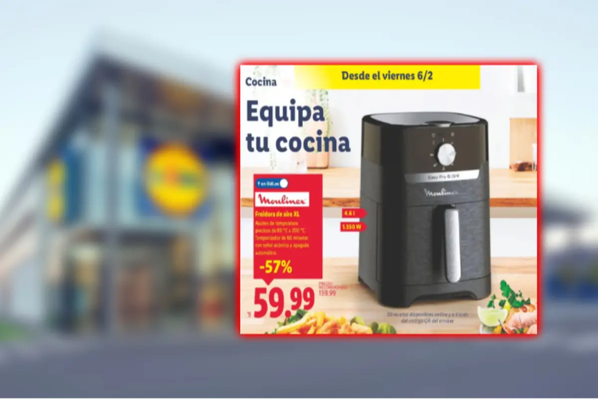 Lidl ad promoting a black XL Moulinex air fryer with the text “Equip your kitchen,” highlighting a 57 percent discount and a price of 59.99 euros, available starting Friday, February 6.