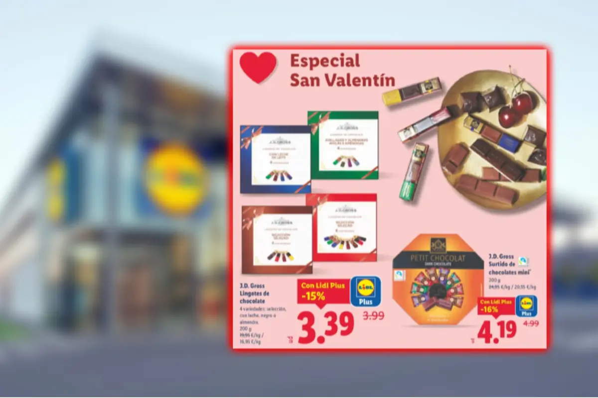 Lidl brochure with a special Valentine’s Day promotion showing assortments of J.D. Gross and Petit Chocolat chocolates with discounted prices on a pink background and a red heart in the upper left corner