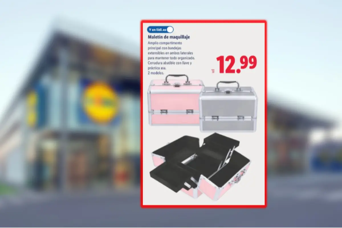 Lidl ad featuring pink and silver makeup cases with extendable compartments priced at 12.99 euros