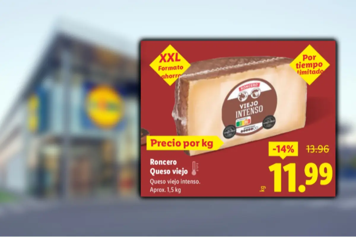 Offer on Roncero aged intense cheese in XXL value pack for a limited time, with a reduced price of 11.99 euros per kilo instead of 13.96, on a supermarket promotional sign