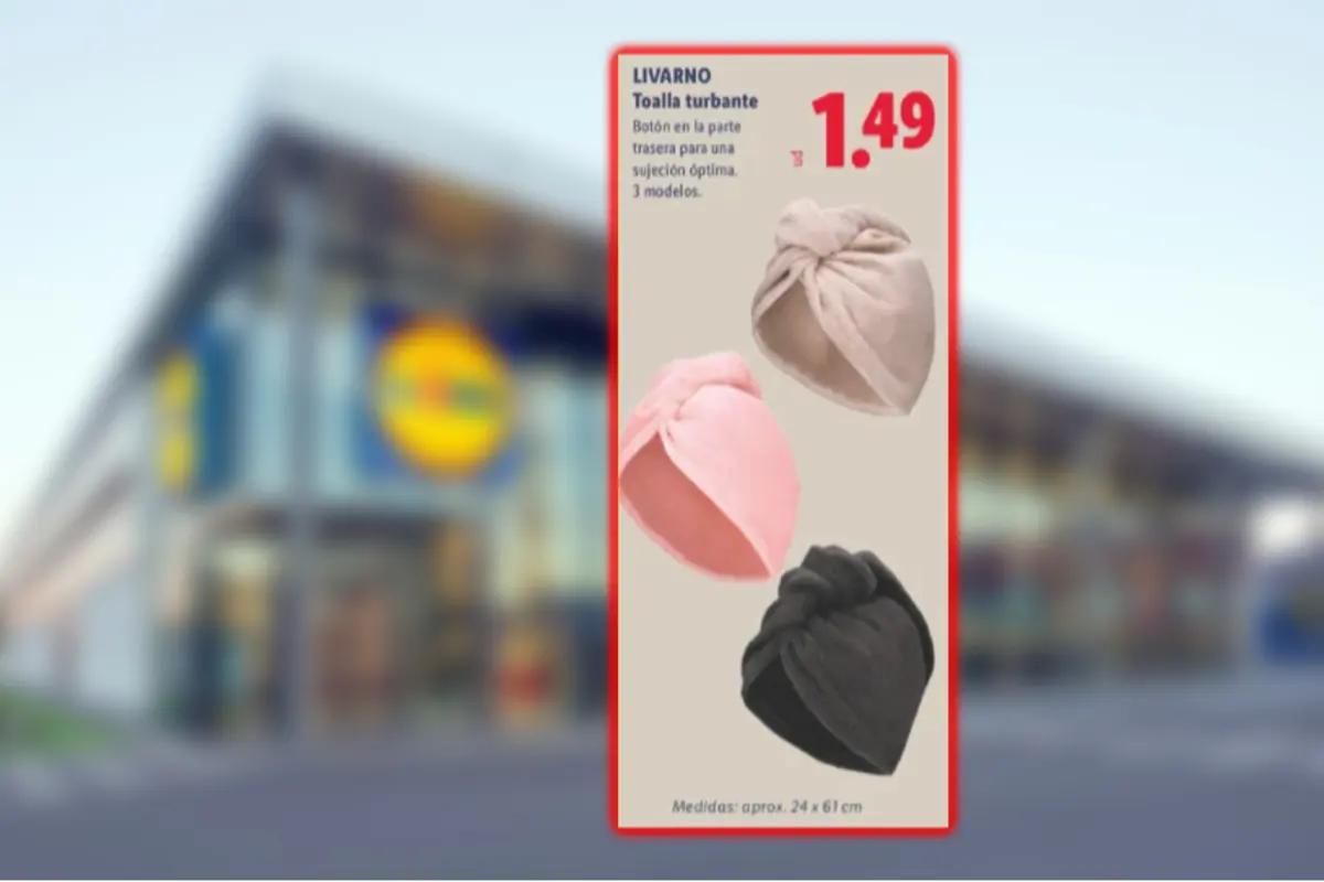 Oferta de toalla turbante Livarno en supermercado Lidl con tres modelos en colores beige rosa y negro y precio de 1,49 euros
