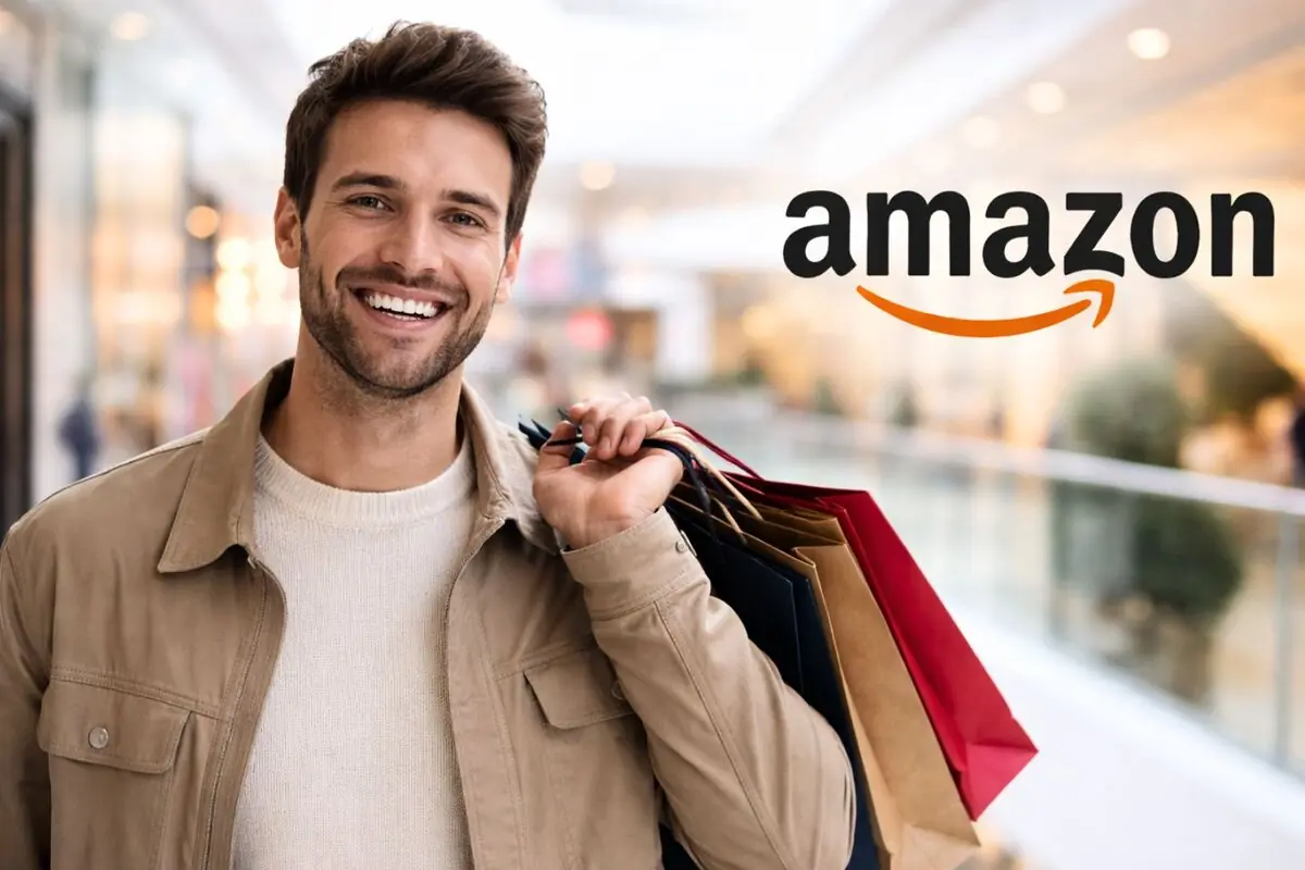 Hombre joven sonriente en un centro comercial cargando bolsas de compras con el logo de Amazon al fondo