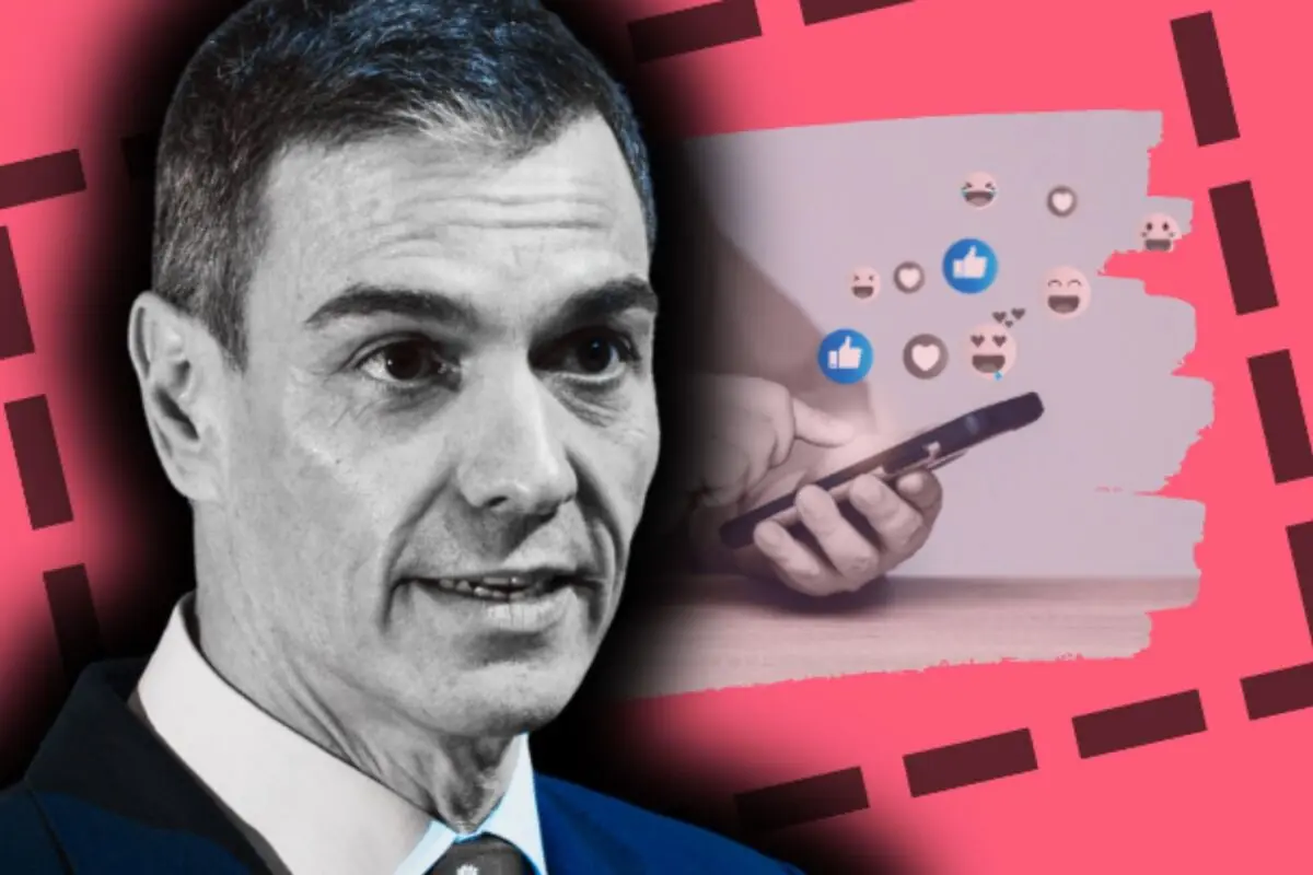 Retrat en blanc i negre d’un home amb vestit sobre fons rosa al costat d’una mà que fa servir un telèfon mòbil del qual surten icones de xarxes socials.