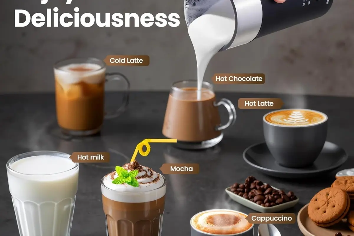 Varias bebidas calientes y frías servidas en tazas y vasos de cristal y cerámica incluyendo latte frío latte caliente chocolate caliente moka leche caliente y capuchino acompañadas de granos de café y galletas sobre una mesa oscura mientras se vierte leche espumosa en una de las tazas