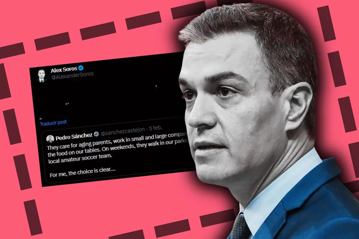 Muntatge amb un primer pla en blanc i negre de Pedro Sánchez vestit amb un vestit blau sobre fons rosa al costat de captures de tuits en anglès de comptes verificades.