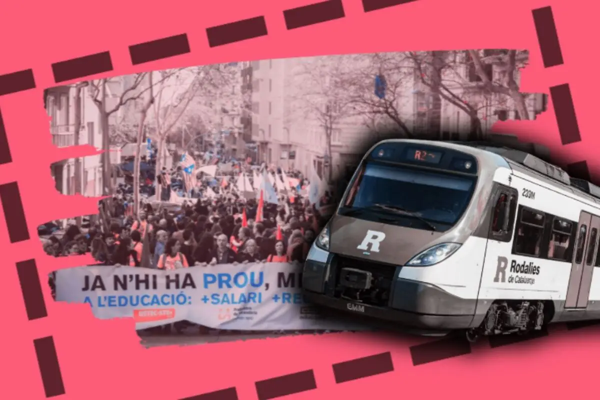 Muntatge amb una manifestació multitudinària en un carrer de Barcelona i un tren de Rodalies de Catalunya sobre fons rosa.