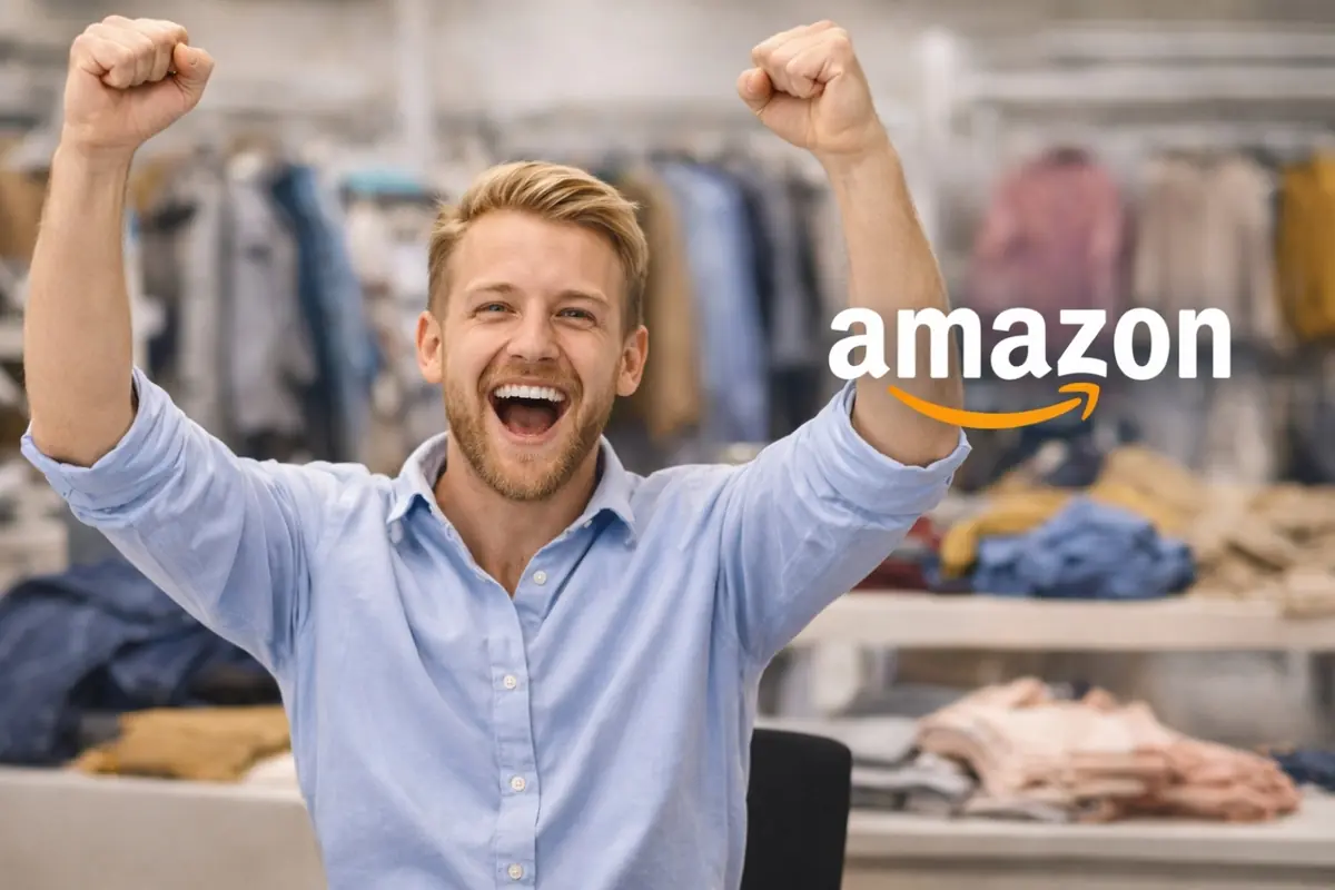 Hombre joven celebrando con los brazos en alto junto al logo de Amazon en un entorno lleno de ropa
