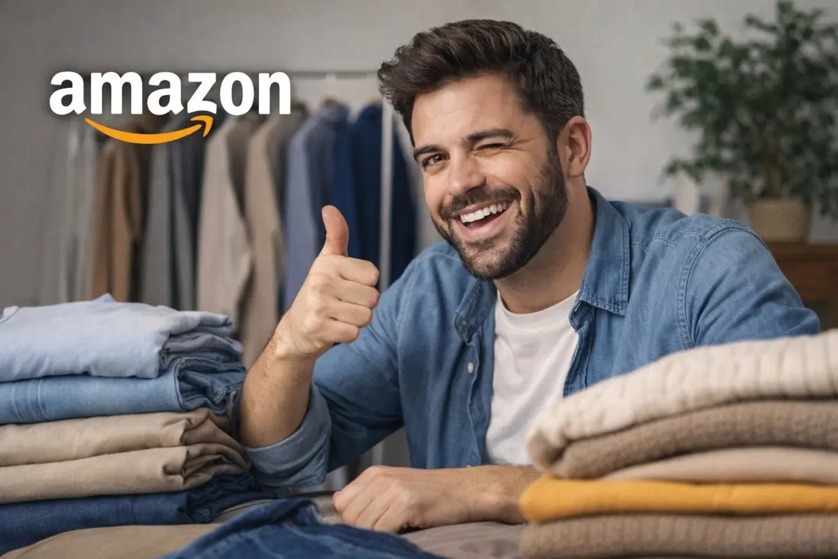 Hombre sonriente haciendo gesto de aprobación con el pulgar rodeado de ropa doblada y el logo de Amazon en la esquina superior izquierda