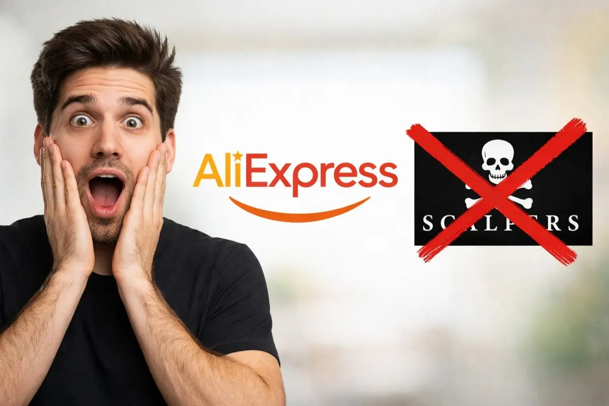 Montaje con hombre sorprendido junto al logo de AliExpress y el logo de Scalpers tachado con una X roja