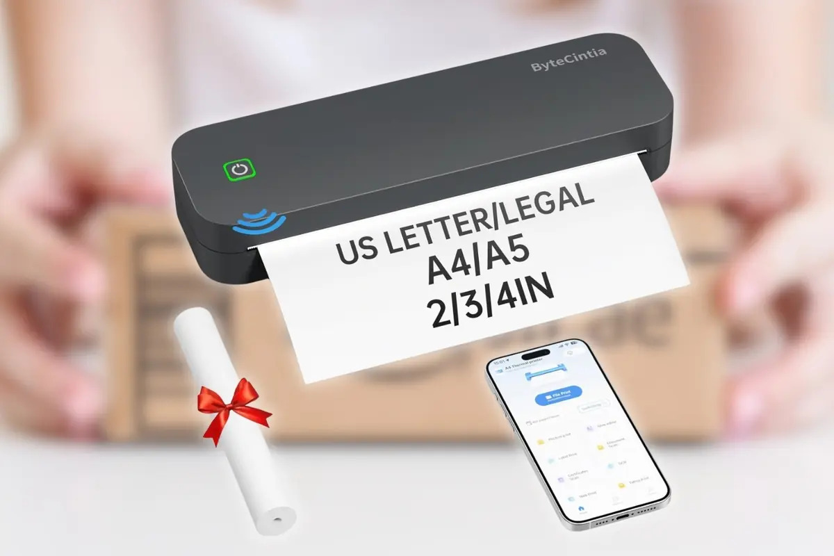 Impresora térmica portátil ByteCintia imprimiendo una etiqueta con tamaños compatibles junto a un teléfono móvil con app de impresión y un rollo de etiquetas con lazo rojo, con un fondo desenfocado