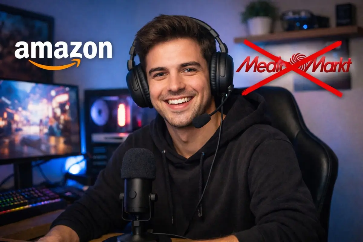 Hombre joven con auriculares y micrófono sonriendo frente a un setup de gaming con el logo de Amazon a la izquierda y el logo de MediaMarkt tachado en rojo a la derecha