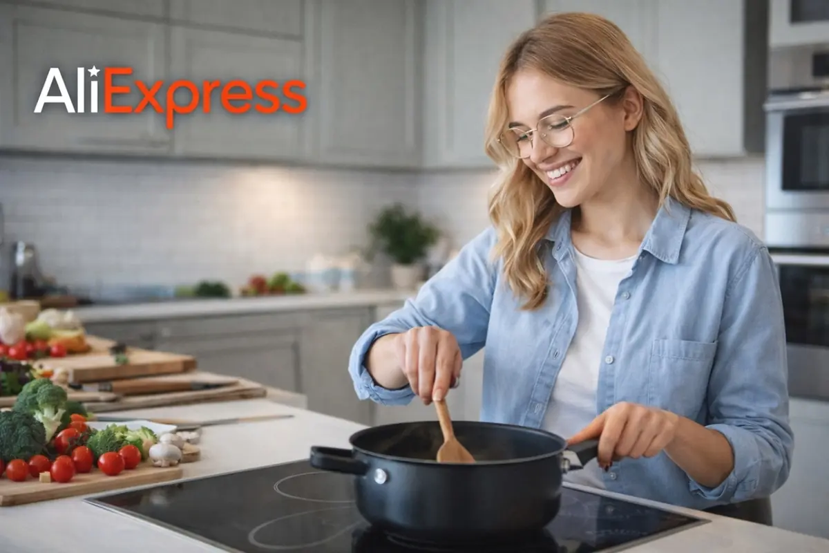 Mujer joven cocinando sonriente en una cocina moderna con verduras frescas sobre la encimera y el logo de AliExpress en la esquina superior izquierda
