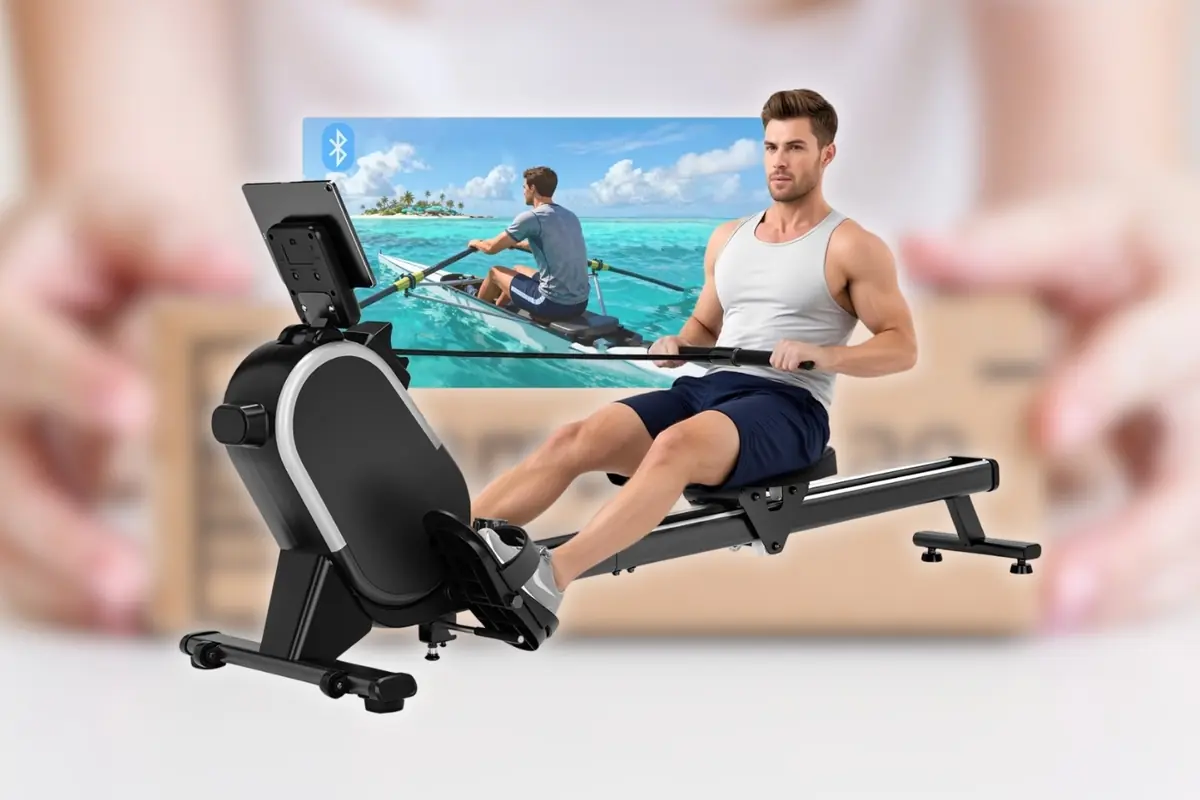 Hombre haciendo ejercicio en una máquina de remo con pantalla que muestra una escena de remo en el mar con conexión Bluetooth frente a un fondo desenfocado de una caja